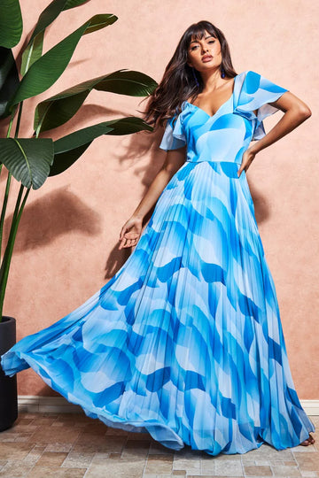 Printed Chiffon Pleated Maxi Dress Goddiva